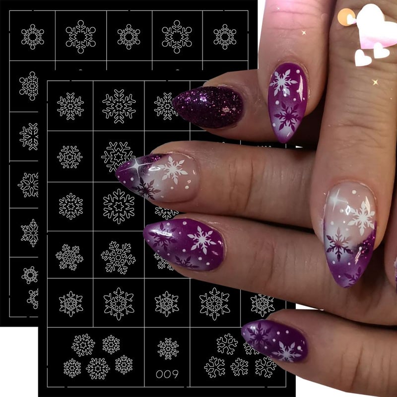 LRKNNO Christmas Nail Stickers Christmas Airbrush Stencils Stickers 3D Self-Adhesives Xmas Tree Hat Elk Hollow Design French Nail Guides Snowflake Nail Art Stencils Decal for Women DIY Manicure Tools 6Sheets - Image 3